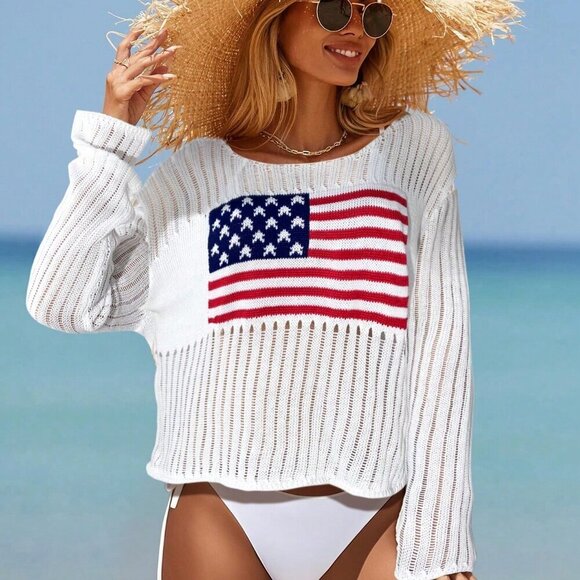 White Casual Women's Independence Day flag Lightweight knit Sweater - Picture 5 of 6